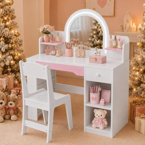 TOLEAD Kids Vanity Set with Lighted Mirror & Stool, Gilrs Vanity, White in Saudi Arabia