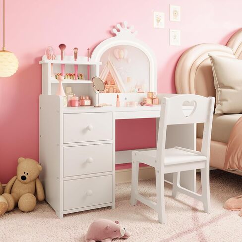 Kids Vanity Table and Chair Set Girls Vanity with Light Mirror & 3 Drawers in Kuwait