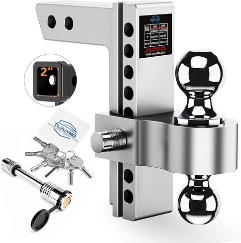 Tlvuvmo Adjustable Trailer Hitch - 8 Inch Drop Hitch Ball Mount for 2 Inch Receiver, 12,500 GTW, 2" and 2-5/16" Stainless Steel Tow Balls, Aluminum Tow Hitch with Double Anti-Theft Pins Locks in Kuwait