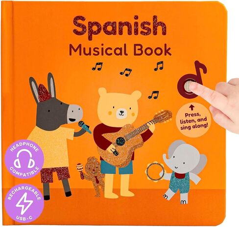 كتب كالي الإسبانية USB C كتاب موسيقي قابل للشحن | كتب الأطفال الإسبانية مع 6 أغنيات | Libros en español para niños y bebes | تعلم اللغة الإسبانية للأطفال | الكتب الموسيقية ثنائية اللغة للأطفال الصغار 1-3 in Kuwait
