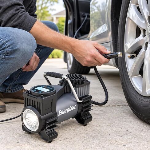 Energizer Air Compressor Portable Tire Inflator, 12V DC Air Pump for Car Tires with Digital Tire Pressure Gauge, 120 Max PSI, Preset Pressure Feature, LED, Digital Display - Includes Storage Bag in Kuwait
