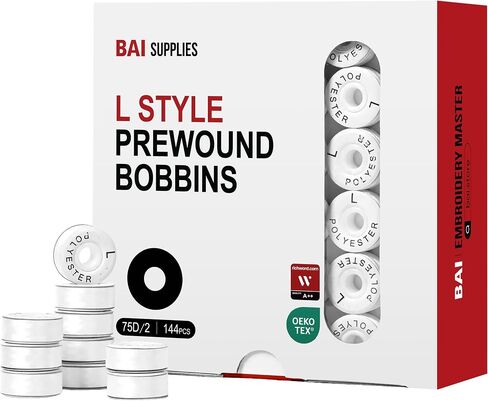 BAI Prewound Embroidery Bobbins L Style 144pcs 75D/2 White Cardboard Sided in Kuwait