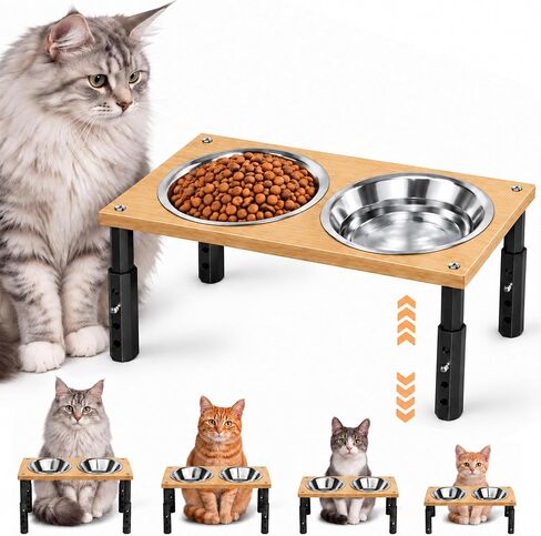 ECOLOVI Elevated Cat Bowls, 4 Adjustable Heights & Tilt Angle Cat Food Bowl Stand with Stainless Steel Bowls, Small Dog Bowls Elevated, Wooden Raised Feeder, Natural Wood in Saudi Arabia