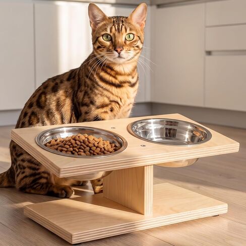 INICIO Elevated Cat Bowls, Raised Cat Food Stand, x2 Stainless Steel Bowls in Kuwait