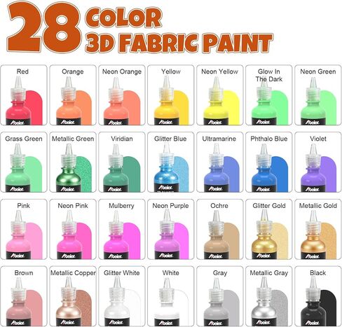 ABEIER 3D Fabric Permanent Paint 28 Vibrant Colors, 30ml/1oz, Puffy Paint in Kuwait