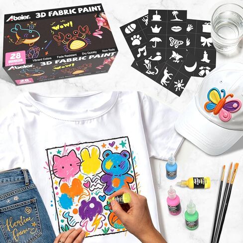 ABEIER 3D Fabric Permanent Paint 28 Vibrant Colors, 30ml/1oz, Puffy Paint in Kuwait