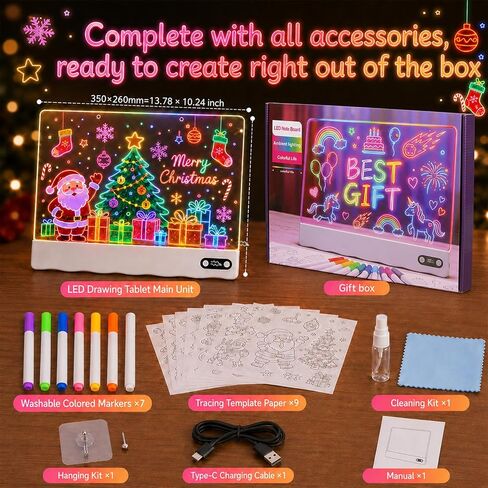 LED Drawing Board for Kids,13.8" Rechargeable Led Note Board with 8 RGB Colors & 5 Dynamic Modes, Christmas Birthday Halloween Gifts for Girls & Boys Age 3+ in Saudi Arabia