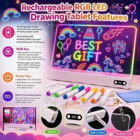 LED Drawing Board for Kids,13.8" Rechargeable Led Note Board with 8 RGB Colors & 5 Dynamic Modes, Christmas Birthday Halloween Gifts for Girls & Boys Age 3+ in Saudi Arabia