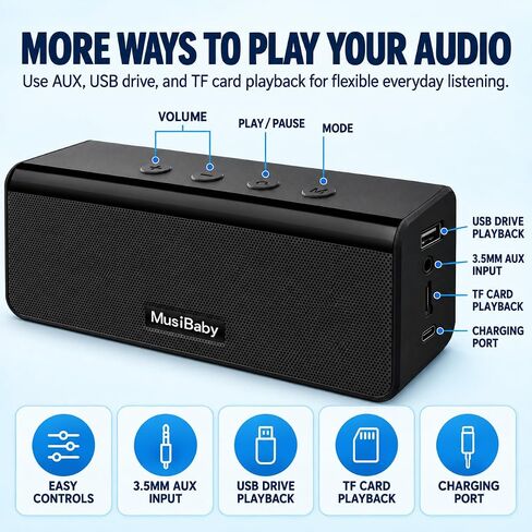Bluetooth Speakers,MusiBaby Speaker with Loud Stereo,Portable,Waterproof,Outdoor Speakers Bluetooth Wireless,Speakers Booming Bass,Dual Pairing,24H Play,Bluetooth Speaker for Home,Party,Gifts(Black) in Kuwait