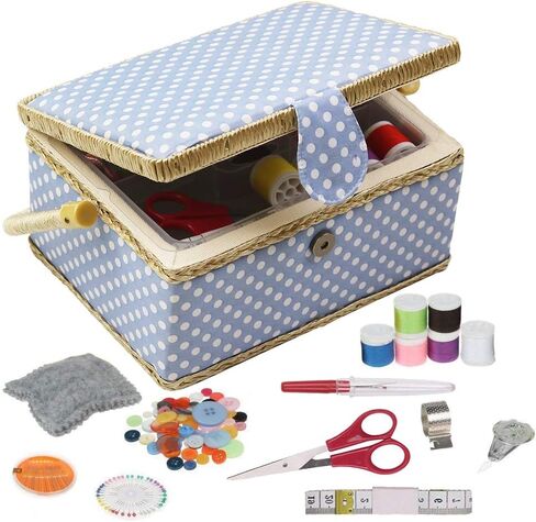 Sewing Box with Sewing Kit Accessories, D&D Wooden Sewing Basket Organizer with Accessories for Home, Travel, Blue Polka Dot in Saudi Arabia