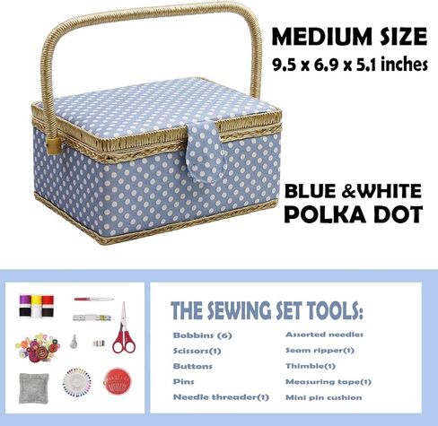 Sewing Box with Sewing Kit Accessories, D&D Wooden Sewing Basket Organizer with Accessories for Home, Travel, Blue Polka Dot in Saudi Arabia
