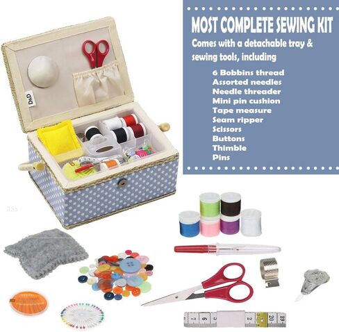 Sewing Box with Sewing Kit Accessories, D&D Wooden Sewing Basket Organizer with Accessories for Home, Travel, Blue Polka Dot in Saudi Arabia