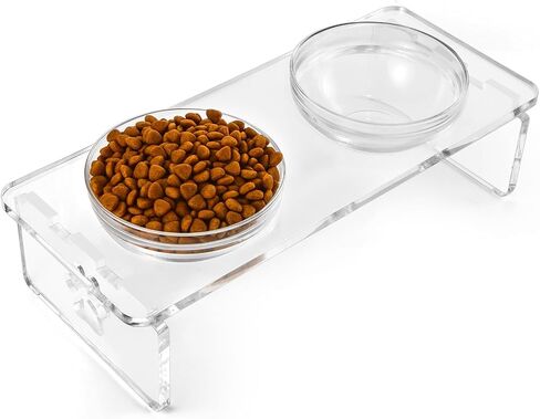 Elevated Dog & Cat Bowls – 3.75" Acrylic Raised Pet Feeder Stand with 2 Stainless Steel & 2 Glass Bowls – Food & Water Dish Set for Puppy/Small Dogs & Cats in Kuwait