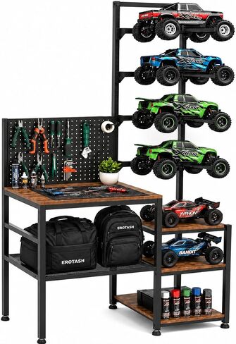 RC Car Stand, Adjustable RC Car Storage Rack with Workbench, Pegboard & Shelves, Heavy Duty Display Organizer for Remote Control Vehicles & Accessories in Kuwait
