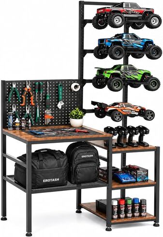 RC Car Stand, Adjustable RC Car Storage Rack with Workbench, Pegboard & Shelves, Heavy Duty Display Organizer for Remote Control Vehicles & Accessories in Kuwait