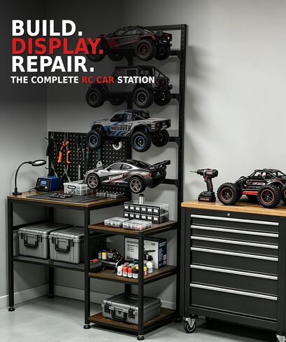 RC Car Stand, Adjustable RC Car Storage Rack with Workbench, Pegboard & Shelves, Heavy Duty Display Organizer for Remote Control Vehicles & Accessories in Kuwait