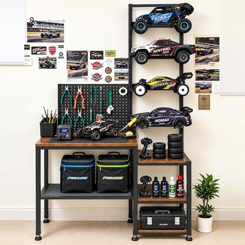 RC Car Stand, Adjustable RC Car Storage Rack with Workbench, Pegboard & Shelves, Heavy Duty Display Organizer for Remote Control Vehicles & Accessories in Kuwait