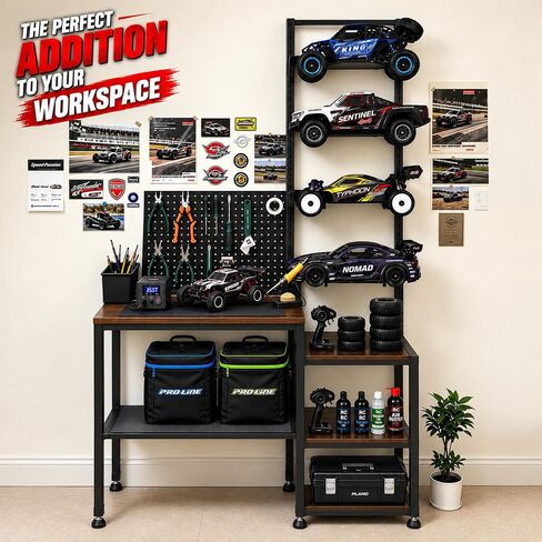 RC Car Stand, Adjustable RC Car Storage Rack with Workbench, Pegboard & Shelves, Heavy Duty Display Organizer for Remote Control Vehicles & Accessories in Kuwait