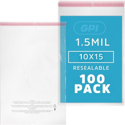 GPI - حزمة مكونة من 100 كيس بولي شفاف ذاتي الغلق مقاس 12 × 15 بوصة، 1.5 مل - أكياس بولي قابلة للإغلاق مع شريط لاصق وتحذير من الاختناق لتغليف ملابس القمصان. مثالية لمستلزمات الشحن مع FBA in Kuwait