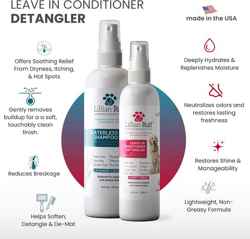 Lillian Ruff Waterless No-Rinse Dog Dry Shampoo Spray & Leave-in Dog Conditioner & Detangler - pH-Balanced for Dogs After-Bath No Rinse Hydrating Spray Set- Clean, Condition, Detangle & Deodorize in Saudi Arabia