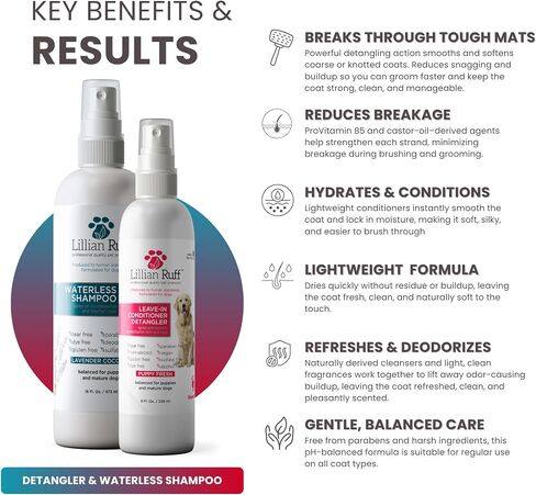 Lillian Ruff Waterless No-Rinse Dog Dry Shampoo Spray & Leave-in Dog Conditioner & Detangler - pH-Balanced for Dogs After-Bath No Rinse Hydrating Spray Set- Clean, Condition, Detangle & Deodorize in Saudi Arabia