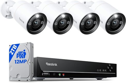 نظام كاميرا أمان سلكية من REOLINK 12 ميجابكسل، 4 قطع H.265 12 ميجابكسل UHD PoE كاميرات مراقبة، اكتشاف الحيوانات الأليفة في المركبات الشخصية، رؤية ليلية ملونة، 8CH NVR مع محرك أقراص ثابتة 2 تيرابايت، RLK8-1200B4-A in Kuwait