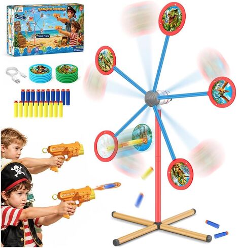 Rotating Target Shooting Games Toys for Boys, 2 Toy Guns & 20 Darts, Dinosaur & Pirate Rocket Targets Compatible with Nerf Guns, Outdoor Carnival Birthday Gifts for Kids Age 3 4 5 6 7 8 9 10 12+ in Saudi Arabia