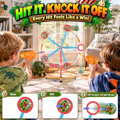 Rotating Target Shooting Games Toys for Boys, 2 Toy Guns & 20 Darts, Dinosaur & Pirate Rocket Targets Compatible with Nerf Guns, Outdoor Carnival Birthday Gifts for Kids Age 3 4 5 6 7 8 9 10 12+ in Saudi Arabia