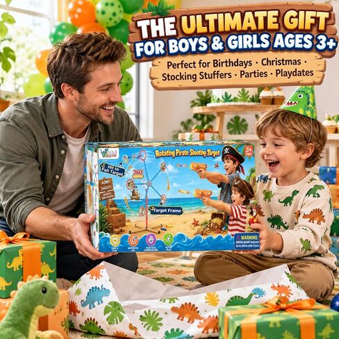 Rotating Target Shooting Games Toys for Boys, 2 Toy Guns & 20 Darts, Dinosaur & Pirate Rocket Targets Compatible with Nerf Guns, Outdoor Carnival Birthday Gifts for Kids Age 3 4 5 6 7 8 9 10 12+ in Saudi Arabia