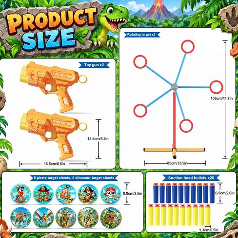 Rotating Target Shooting Games Toys for Boys, 2 Toy Guns & 20 Darts, Dinosaur & Pirate Rocket Targets Compatible with Nerf Guns, Outdoor Carnival Birthday Gifts for Kids Age 3 4 5 6 7 8 9 10 12+ in Saudi Arabia
