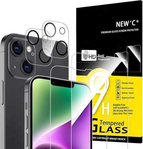 NEW'C [4 Pack, 2 x Glass Screen Protector for iPhone 14 (6,1") and 2 x Camera lens Protector, Scratch-Resistant, No Air Bubbles, Extremely Durable, 9H Hardness Tempered Glass in Kuwait