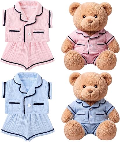2 Sets Bear Clothes Stuffed Animal Clothes Bear Accessories Pink and Blue Bear Pajamas Clothes Double Layer Muslin Short Sleeve Top and Bottom Pajamas Fits Most 14-18 Inch Bears in Kuwait