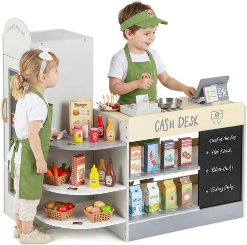 Costzon Kids Grocery Store Playset, Wooden Pretend Play Store with Chalkboard, Cash Register, Vending Machine, Play Food Accessories, Toddler Gift for Boys & Girls in Kuwait