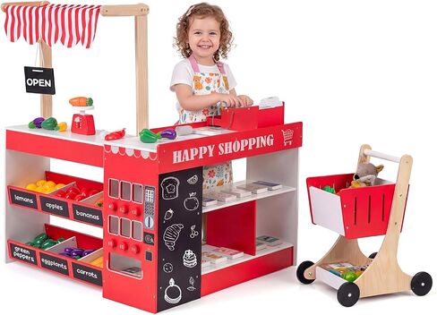 HONEY JOY Kids Grocery Store Playset, Wooden Market Stand Play Store with Canopy & Shopping Cart, Supermarket Checkout Stand w/Blackboard & Accessories, Grocery Store Pretend Play (Gray) in Kuwait