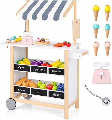 العربة الآيس كريم عسل Joy Joy Kids ، متجر البقالة الخشبي مع 6 قطع تلعب الطعام ، ومقياس الجرس والطعام الواقعية ، السبورة ، تظاهر Play Play Shop Counter Stark ، هدية للبنين in Kuwait