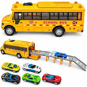 School Bus Race Track Toy, Yellow Bus Launcher with 6 Race Cars for Kids in Kuwait