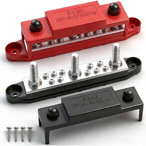 Aienxn Battery Bus Bar 6 x 1/4 "(M6) محطة توزيع الطاقة 12 فولت مع غطاء ومحطات حلقية، بحد أقصى 300 فولت تيار متردد 48 فولت تيار مستمر بطارية إيجابية وسلبية للسيارة والقارب (أسود + أحمر) Q-O-078 in Kuwait