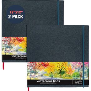 U.S. Art Supply 8.5" x 8.5" Watercolor Book, 2 Pack, 76 Pages, 110 lb (230 GSM) - Linen-Bound Hardcover Artists Paper Pads - Acid-Free, Cold-Pressed, Brush Painting & Drawing Sketchbook Mixed Media in Saudi Arabia