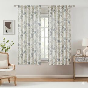 Botanical Print Semi Sheer Curtains Blue Grey Floral Leaf Farmhouse Linen Curtain Drapes Light Filtering Window Treatments for Living Room Bedroom Rod Pocket Back Tab,52"x63",2 Panels in Saudi Arabia