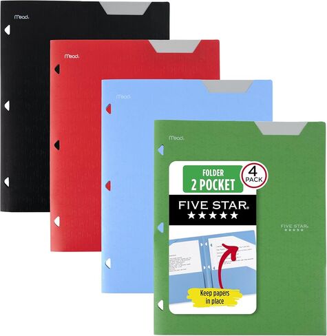 Five Star 2 Pocket Folders, 4 Pack, Stay-Put Folders, Plastic Colored Folders with Pockets & Prong Fasteners for 3-Ring Binders, 11" x 8-1/2", Black, Red, Green, Blue (38049) in Saudi Arabia