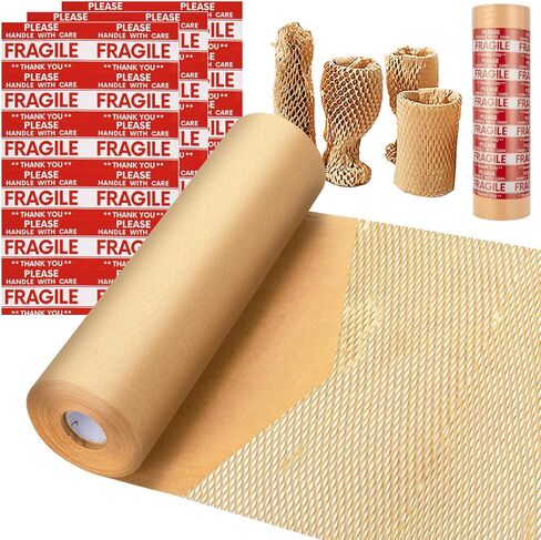 Honeycomb Packing Paper, MINHAO 15"x230' Eco Friendly Packing Paper for Moving Recyclable Honeycomb Paper Moving Supplies Bubble Paper Wrapping Protective Roll, With 36 Fragile Sticker Labels in Kuwait