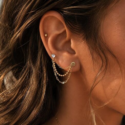NOKMIT 14K Gold Ear Chain Connectors, Triple Layer Set for Double Piercing in Saudi Arabia