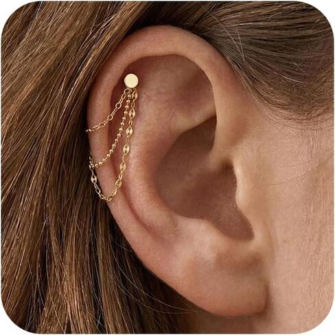 NOKMIT 14K Gold Ear Chain Connectors, Triple Layer Set for Double Piercing in Saudi Arabia