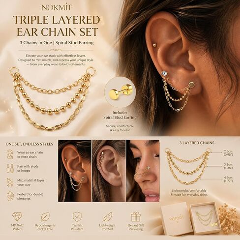 NOKMIT 14K Gold Ear Chain Connectors, Triple Layer Set for Double Piercing in Saudi Arabia