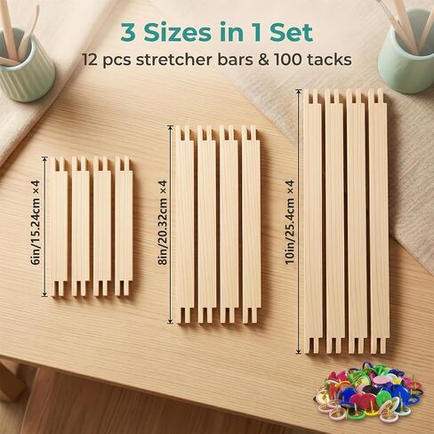 MengMain Needlepoint Stretcher Bars for Needlework, 12PCS Wooden Canvas Frame Set, 6, 8, 10 Inch with 100 Thumb Tacks and Tack Remover for Embroidery and Cross Stitch (6/8/10in) in Saudi Arabia