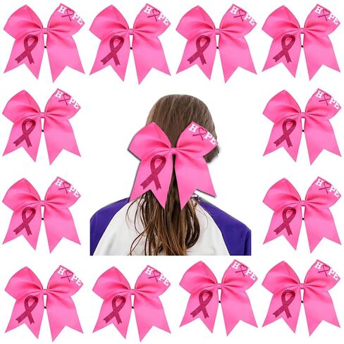 12Pcs 7 Inch Breast Cancer Awareness Cheerleader Bow Large Hair Bow With Ponytail Holder Hair Band For Breast Cancer Month (Believe Pink) in Kuwait