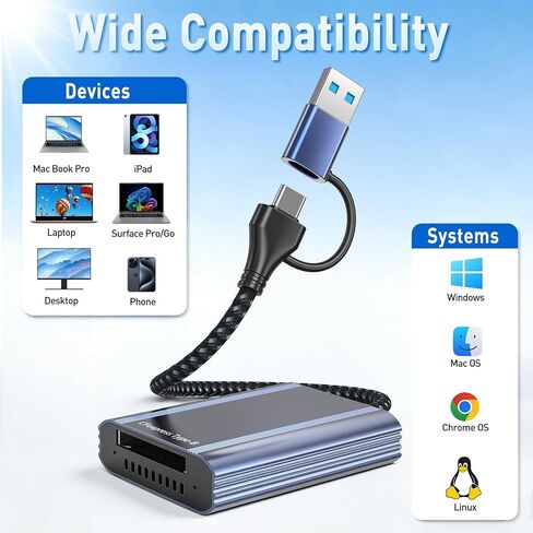 CFexpress Type B Card Reader with 10Gbps USB 3.2 Gen 2, USB-C & USB-A 2-in-1 Type B CFexpress Adapter, Compatible with Windows/Mac/Linux/Android, iPhone 17/16/15, iPad, Laptop, Tablet, Smartphone in Kuwait