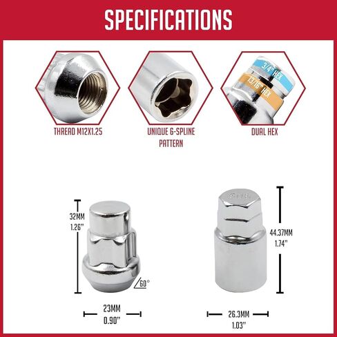Wheel Accessories Parts M12 1.25 12x1.25 Thread Closed End Bulge 1.38" Long Locking Wheel Lug Nuts Lock Chrome Dual Hex Key 13/16" and 3/4" Fits Most Subaru Nissan Pass Cars & Titan (Non XD) in Kuwait
