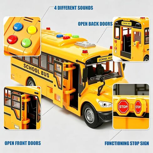soi-meme Yellow School Bus Toys for Toddlers with 4 Different Flashing Lights & Sound, Back and Side Doors Open Friction-Powered Wheels Light Up Toy Buses Birthday Gift for Kids Girl Boy Ages 3+ in Kuwait