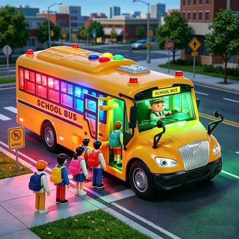 soi-meme Yellow School Bus Toys for Toddlers with 4 Different Flashing Lights & Sound, Back and Side Doors Open Friction-Powered Wheels Light Up Toy Buses Birthday Gift for Kids Girl Boy Ages 3+ in Kuwait